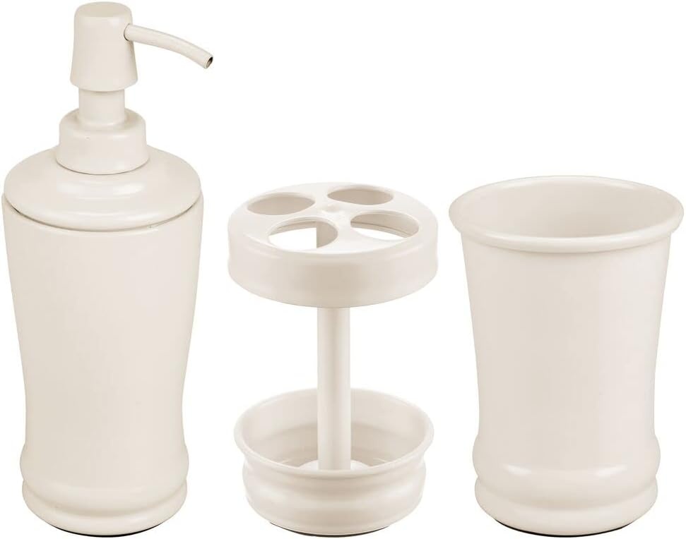 image:imagemDesign Metal Bathroom Vanity Countertop Accessory Set Includes Refillable Soap Dispenser Divided Toothbrush Stand Tumbler Rinsing Cup Vivi Collection Set of 3 Cream