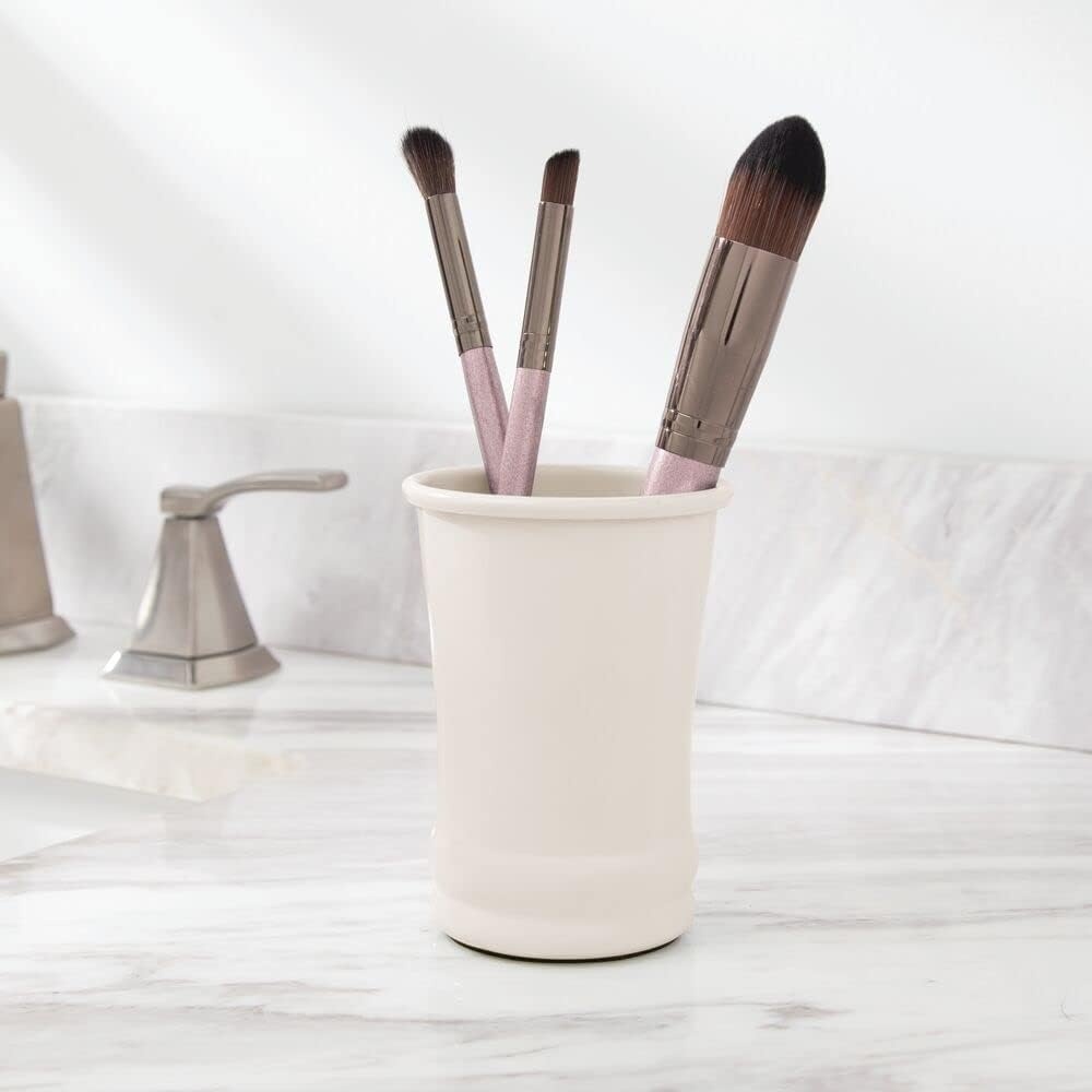 image:imagemDesign Metal Bathroom Vanity Countertop Accessory Set Includes Refillable Soap Dispenser Divided Toothbrush Stand Tumbler Rinsing Cup Vivi Collection Set of 3 Cream