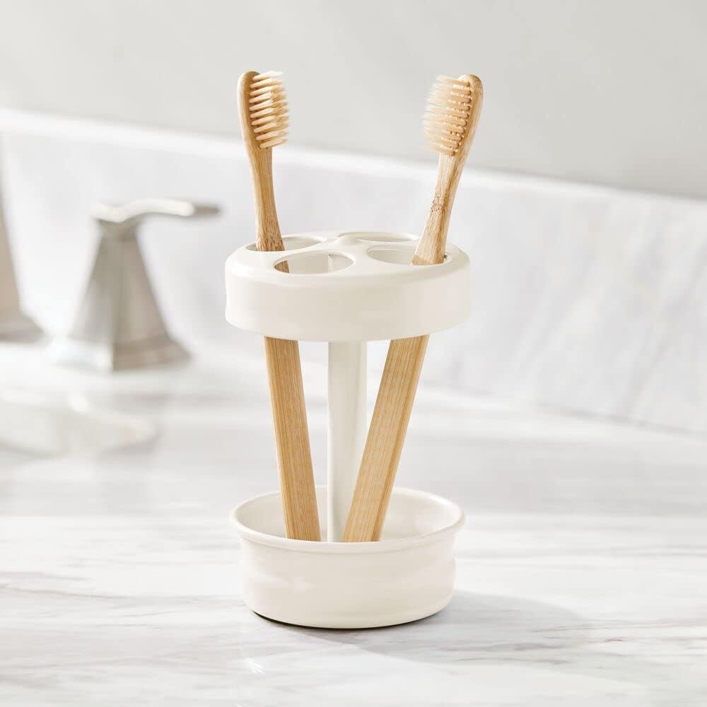 image:imagemDesign Metal Bathroom Vanity Countertop Accessory Set Includes Refillable Soap Dispenser Divided Toothbrush Stand Tumbler Rinsing Cup Vivi Collection Set of 3 Cream