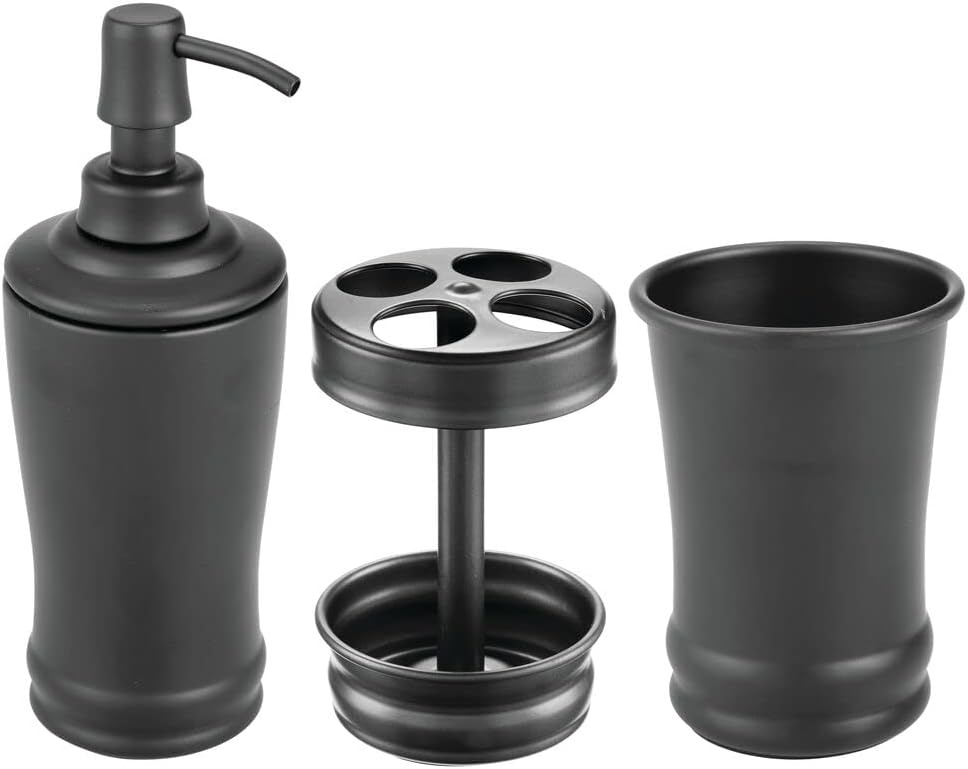image:imagemDesign Metal Bathroom Vanity Countertop Accessory Set Includes Refillable Soap Dispenser Divided Toothbrush Stand Tumbler Rinsing Cup Vivi Collection Set of 3 Matte Black