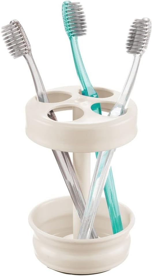 image:imagemDesign Metal Bathroom Vanity Countertop Accessory Set Includes Refillable Soap Dispenser Divided Toothbrush Stand Tumbler Rinsing Cup Vivi Collection Set of 3 Cream