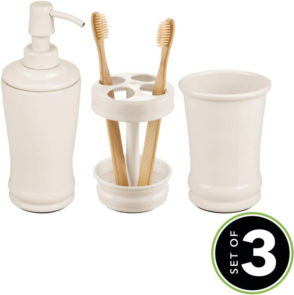 image:imagemDesign Metal Bathroom Vanity Countertop Accessory Set Includes Refillable Soap Dispenser Divided Toothbrush Stand Tumbler Rinsing Cup Vivi Collection Set of 3 Cream