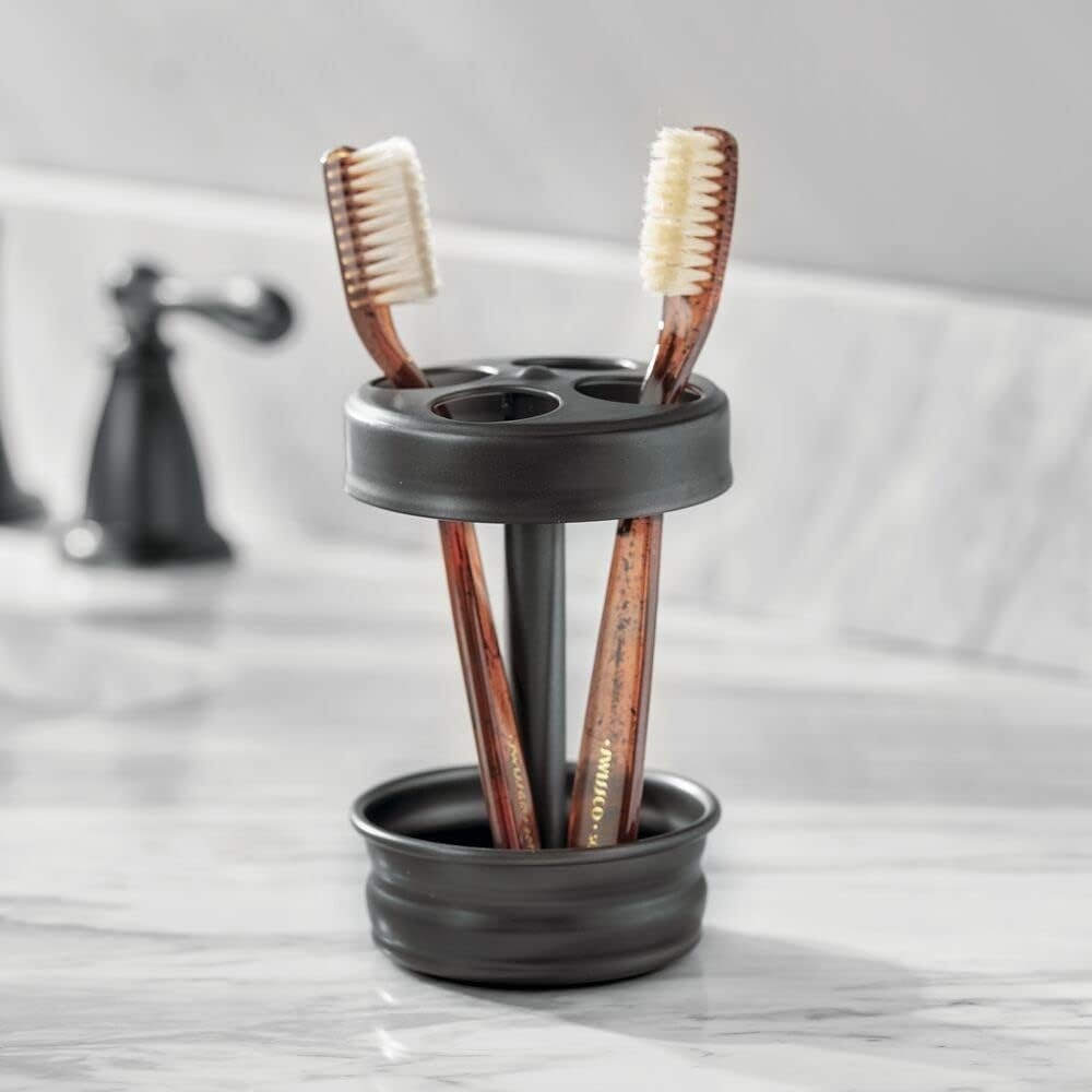 image:imagemDesign Metal Bathroom Vanity Countertop Accessory Set Includes Refillable Soap Dispenser Divided Toothbrush Stand Tumbler Rinsing Cup Vivi Collection Set of 3 Matte Black