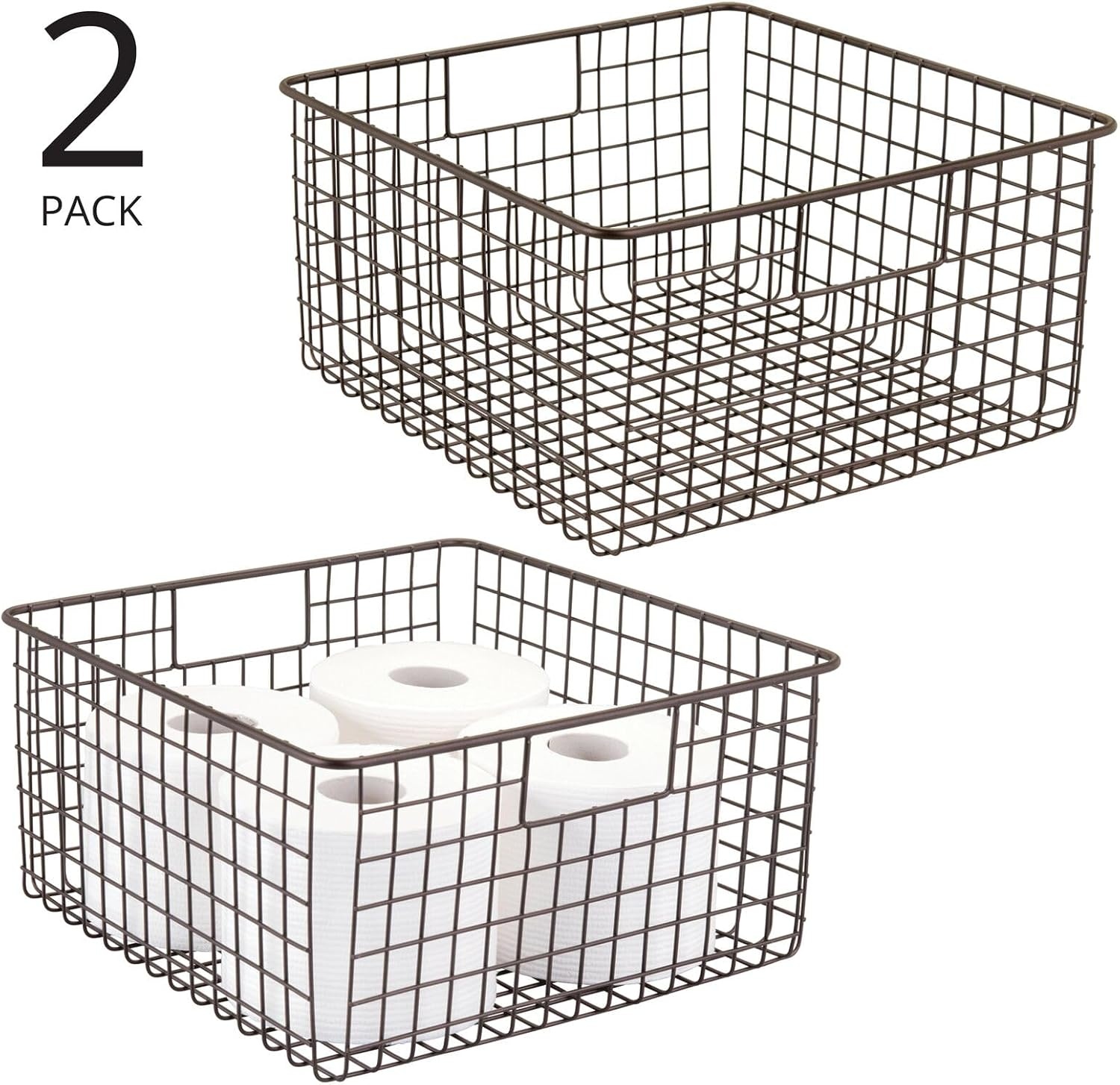 image:imagemDesign Metal Wire Bathroom Storage Basket Organizer with Handles Organize MasterGuest Bathrooms Linen Hallway or Entryway Closets Bedroom Laundry Room Concerto Collection 2 Pack Bronze