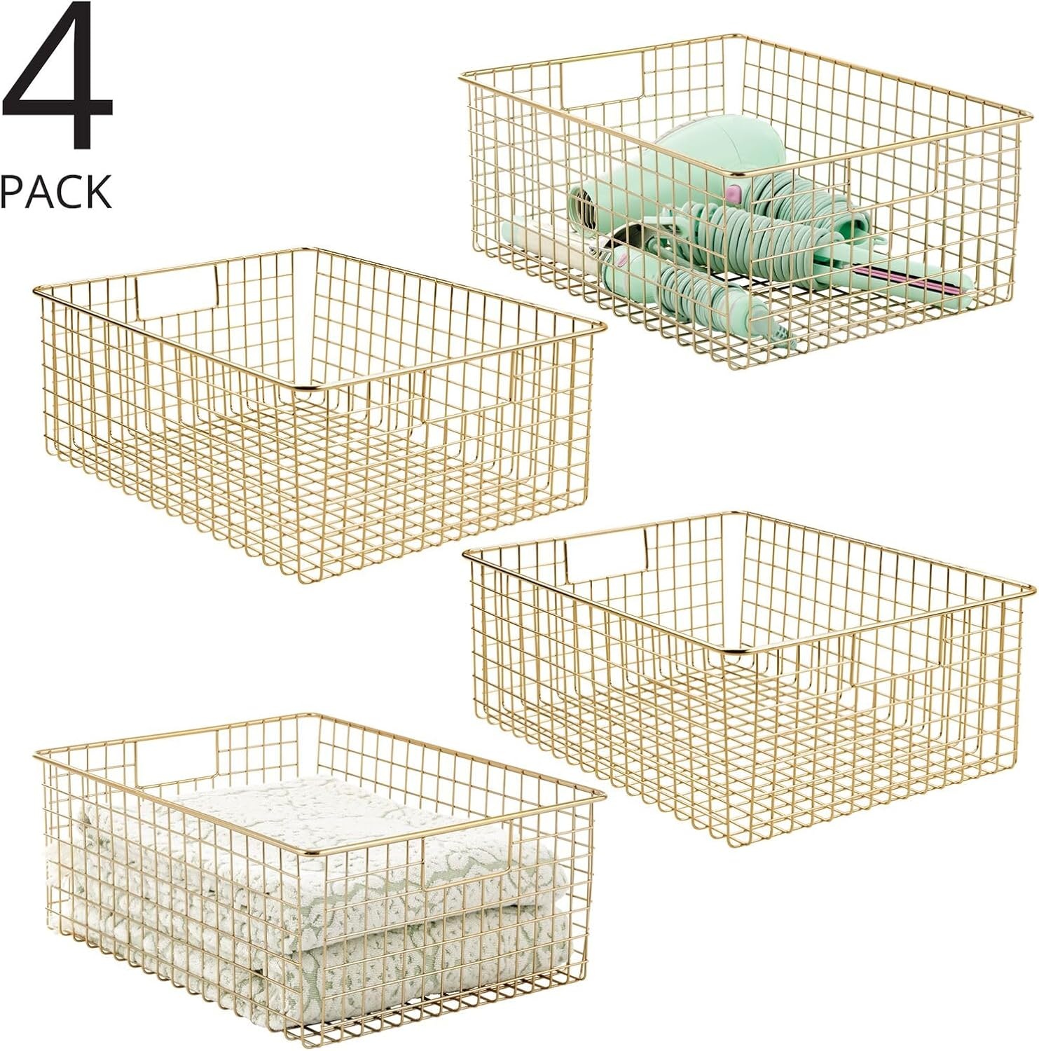 image:imagemDesign Metal Wire Bathroom Storage Basket Organizer with Handles Organize MasterGuest Bathrooms Linen Hallway or Entryway Closets Bedroom Laundry Room Concerto Collection 4 Pack Soft Brass