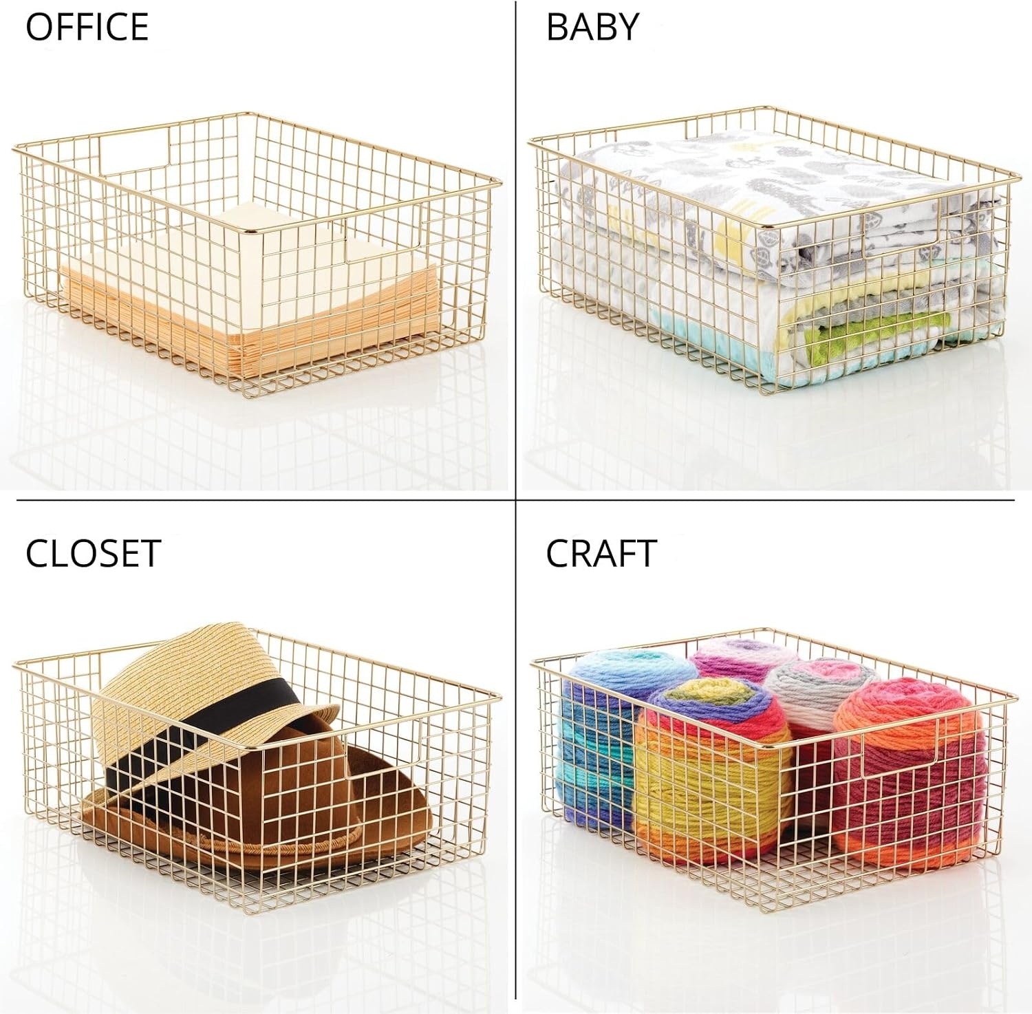 image:imagemDesign Metal Wire Bathroom Storage Basket Organizer with Handles Organize MasterGuest Bathrooms Linen Hallway or Entryway Closets Bedroom Laundry Room Concerto Collection 4 Pack Soft Brass