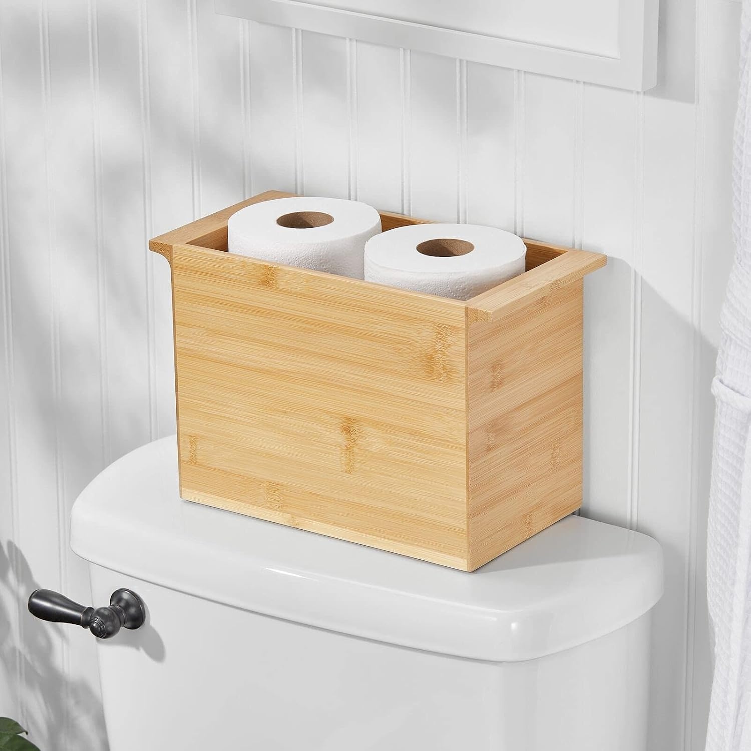image:imagemDesign Natural Bamboo Bathroom Toliet Roll Holder Storage Organizer Basket Bin Use in Bathroom On Toilet Tanks Builtin Handles Holds 4 Rolls of Toilet Paper Natural