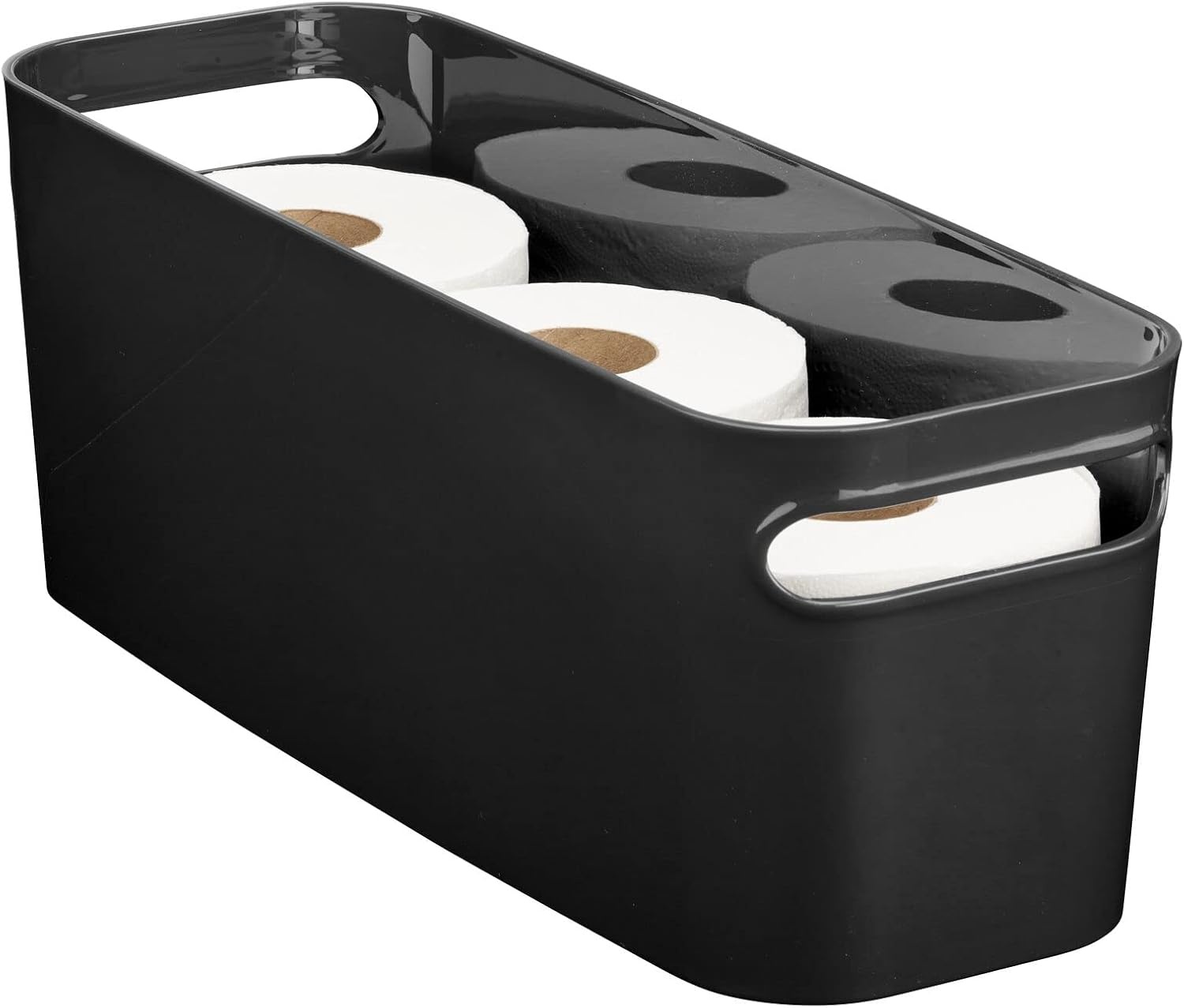 image:imagemDesign Plastic Bathroom Bin with Handles Storage Organizer for Vanity Countertop Hold Soap Body Wash Shampoo Lotion Conditioner Hand Towels Aura Collection 8 Pack 16 Long Black