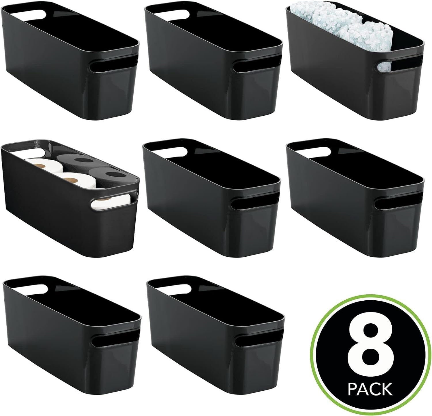 image:imagemDesign Plastic Bathroom Bin with Handles Storage Organizer for Vanity Countertop Hold Soap Body Wash Shampoo Lotion Conditioner Hand Towels Aura Collection 8 Pack 16 Long Black
