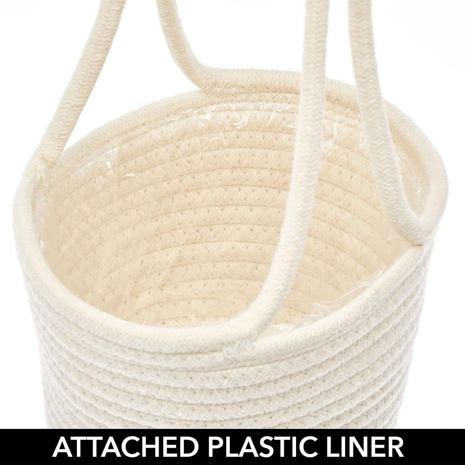 image:imagemDesign Rustic Casual Woven Cotton Rope Hanging Indoor Planter Baskets with Knotted Loop Handle Bohemian Holder for Flowers Plants Greenery Succulents Vases and Pots Set of 2 White