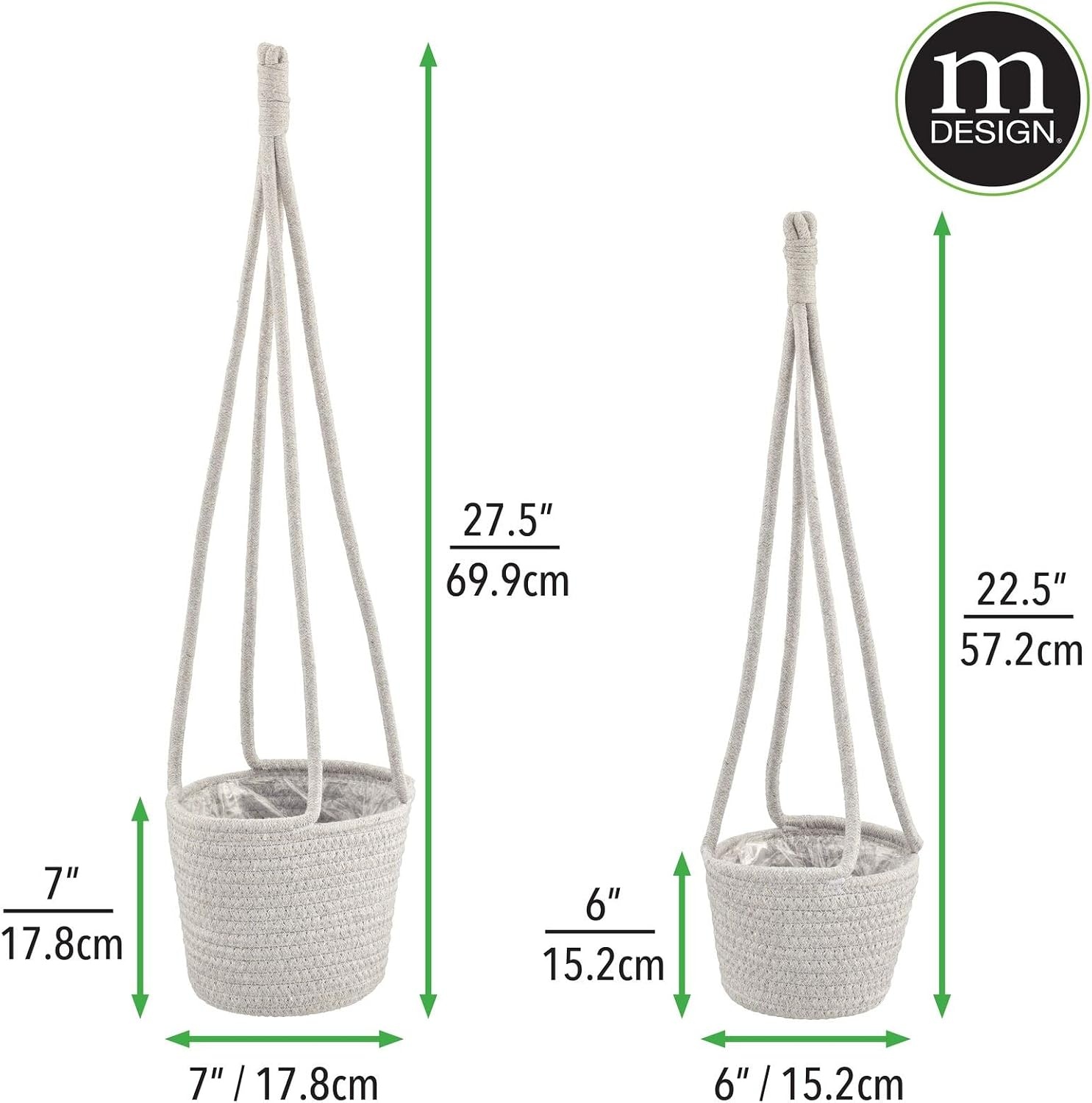 image:imagemDesign Rustic Casual Woven Cotton Rope Hanging Indoor Planter Baskets with Knotted Loop Handle Bohemian Holder for Flowers Plants Greenery Succulents Vases and Pots Set of 2 Dark Gray