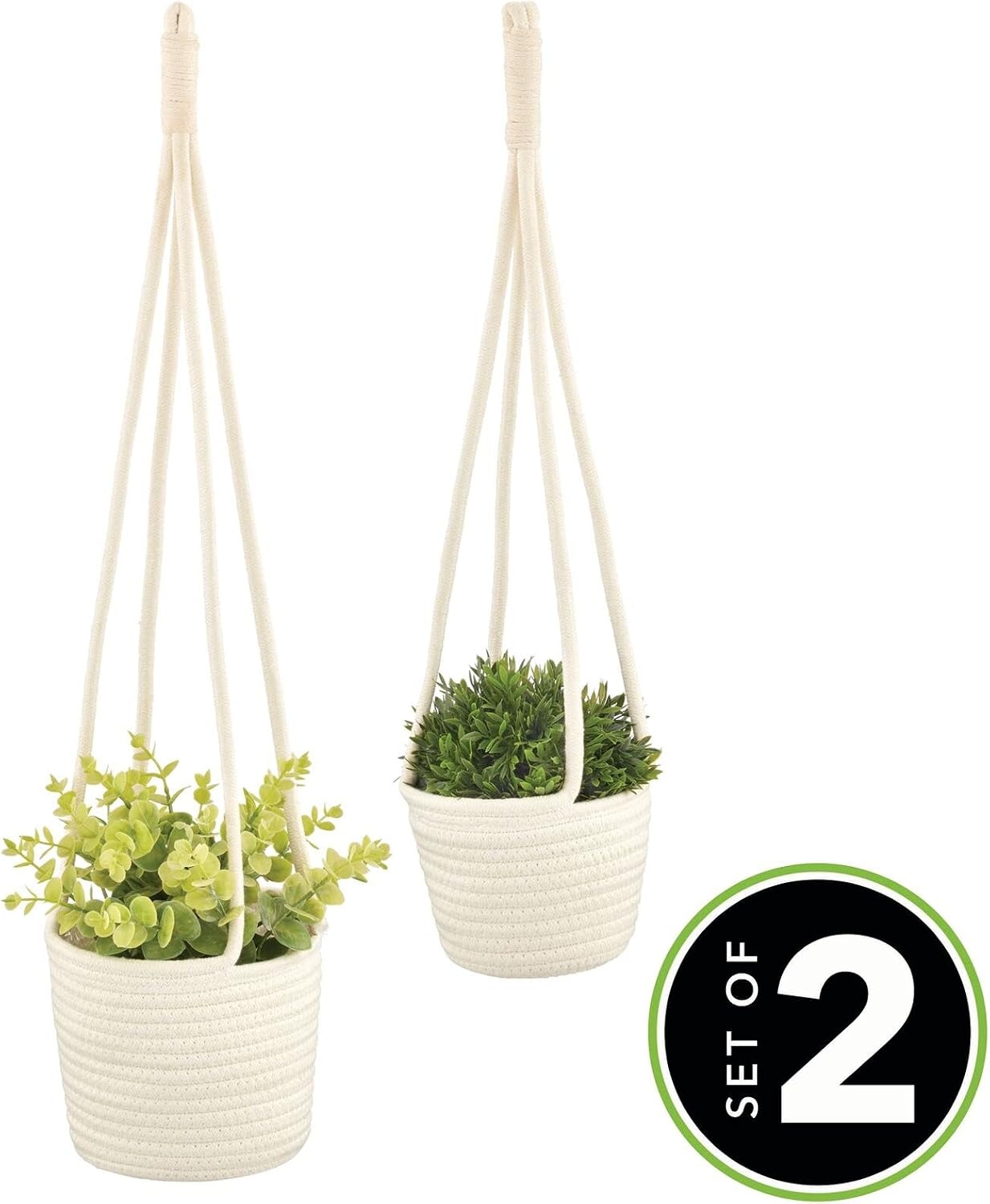 image:imagemDesign Rustic Casual Woven Cotton Rope Hanging Indoor Planter Baskets with Knotted Loop Handle Bohemian Holder for Flowers Plants Greenery Succulents Vases and Pots Set of 2 White
