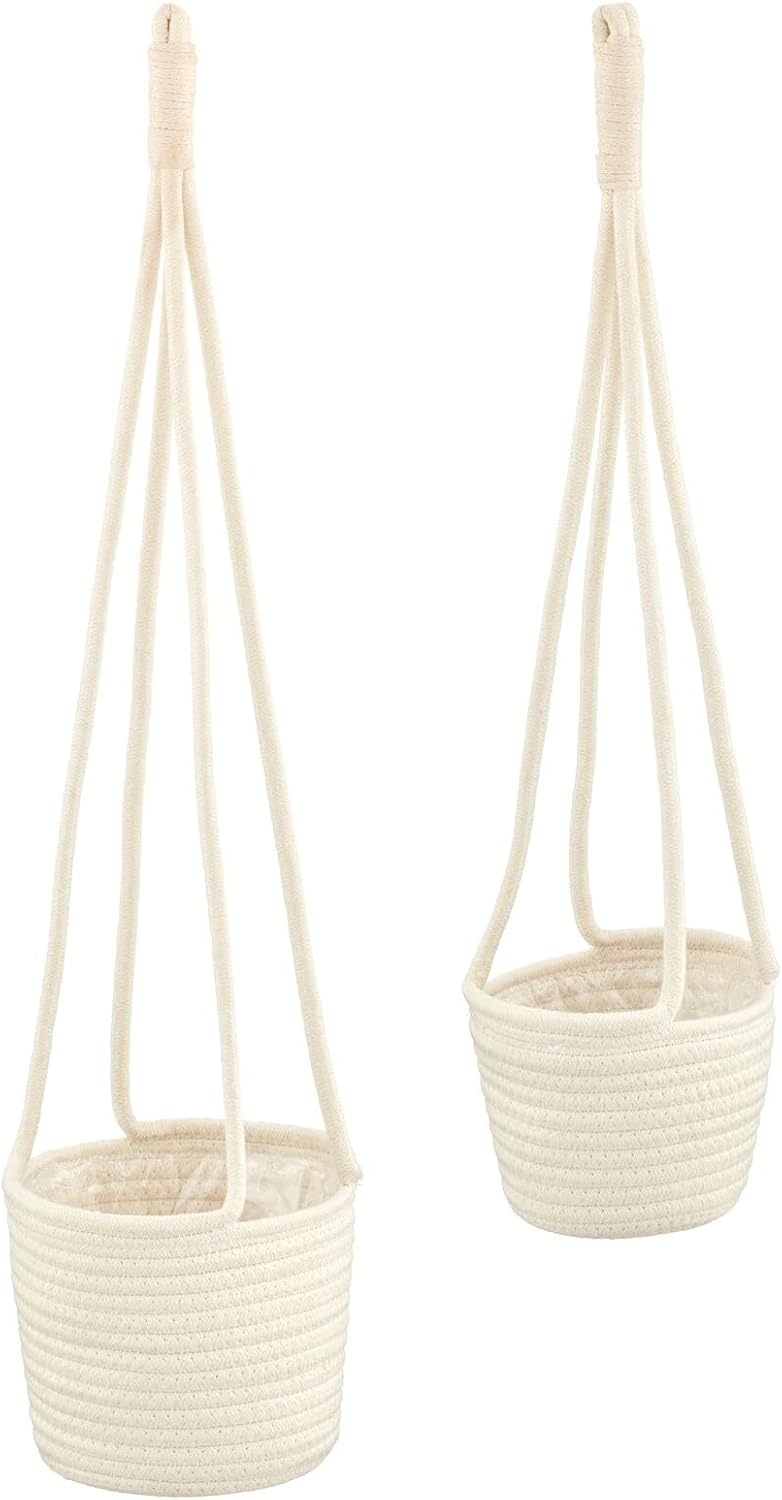 image:imagemDesign Rustic Casual Woven Cotton Rope Hanging Indoor Planter Baskets with Knotted Loop Handle Bohemian Holder for Flowers Plants Greenery Succulents Vases and Pots Set of 2 White