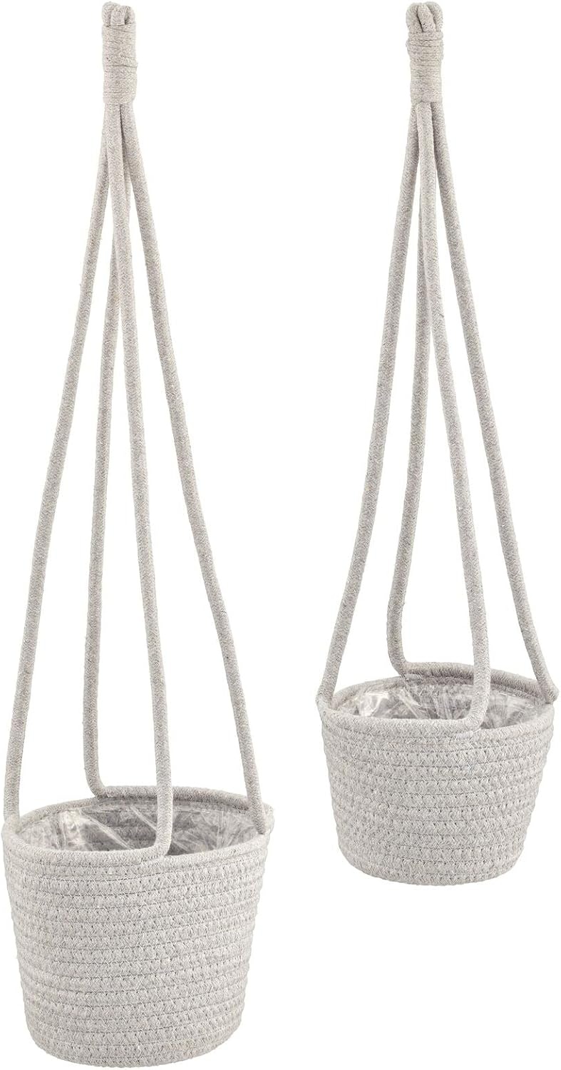 image:imagemDesign Rustic Casual Woven Cotton Rope Hanging Indoor Planter Baskets with Knotted Loop Handle Bohemian Holder for Flowers Plants Greenery Succulents Vases and Pots Set of 2 Dark Gray