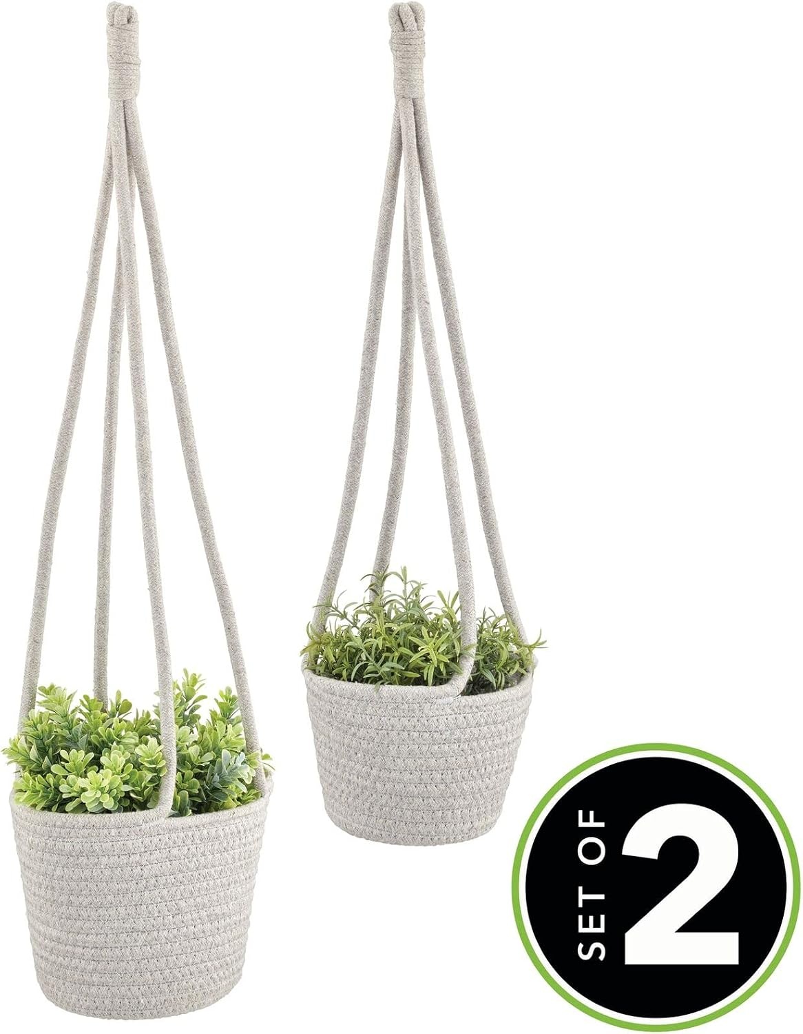 image:imagemDesign Rustic Casual Woven Cotton Rope Hanging Indoor Planter Baskets with Knotted Loop Handle Bohemian Holder for Flowers Plants Greenery Succulents Vases and Pots Set of 2 Dark Gray