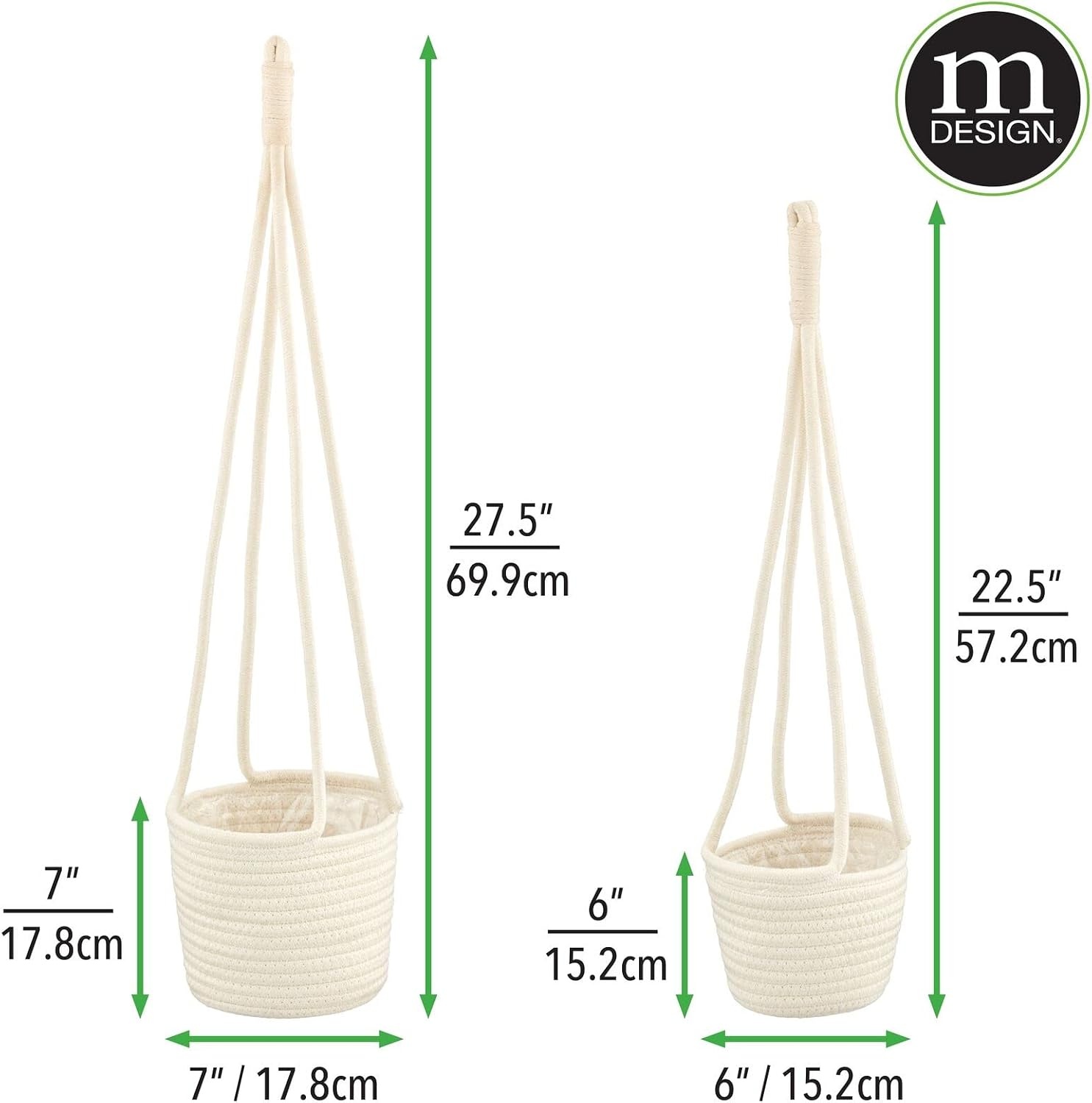 image:imagemDesign Rustic Casual Woven Cotton Rope Hanging Indoor Planter Baskets with Knotted Loop Handle Bohemian Holder for Flowers Plants Greenery Succulents Vases and Pots Set of 2 White