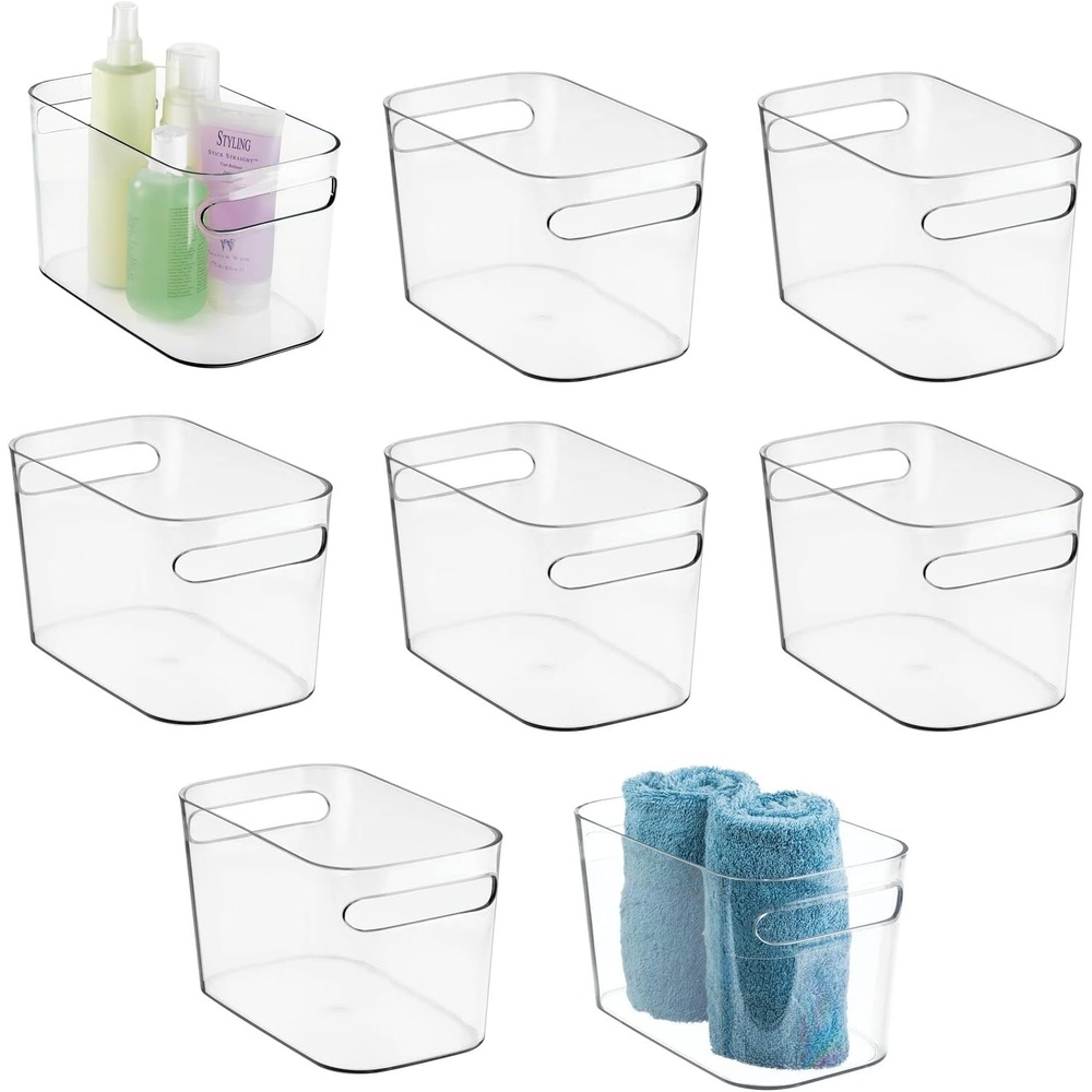 image:imagemDesign Deep Plastic Bathroom Bin with Handles Storage Organizer for Vanity Countertop Hold Soap Body Wash Shampoo Lotion Conditioner Hand Towels 10 Long Aura Collection 8 Pack Clear