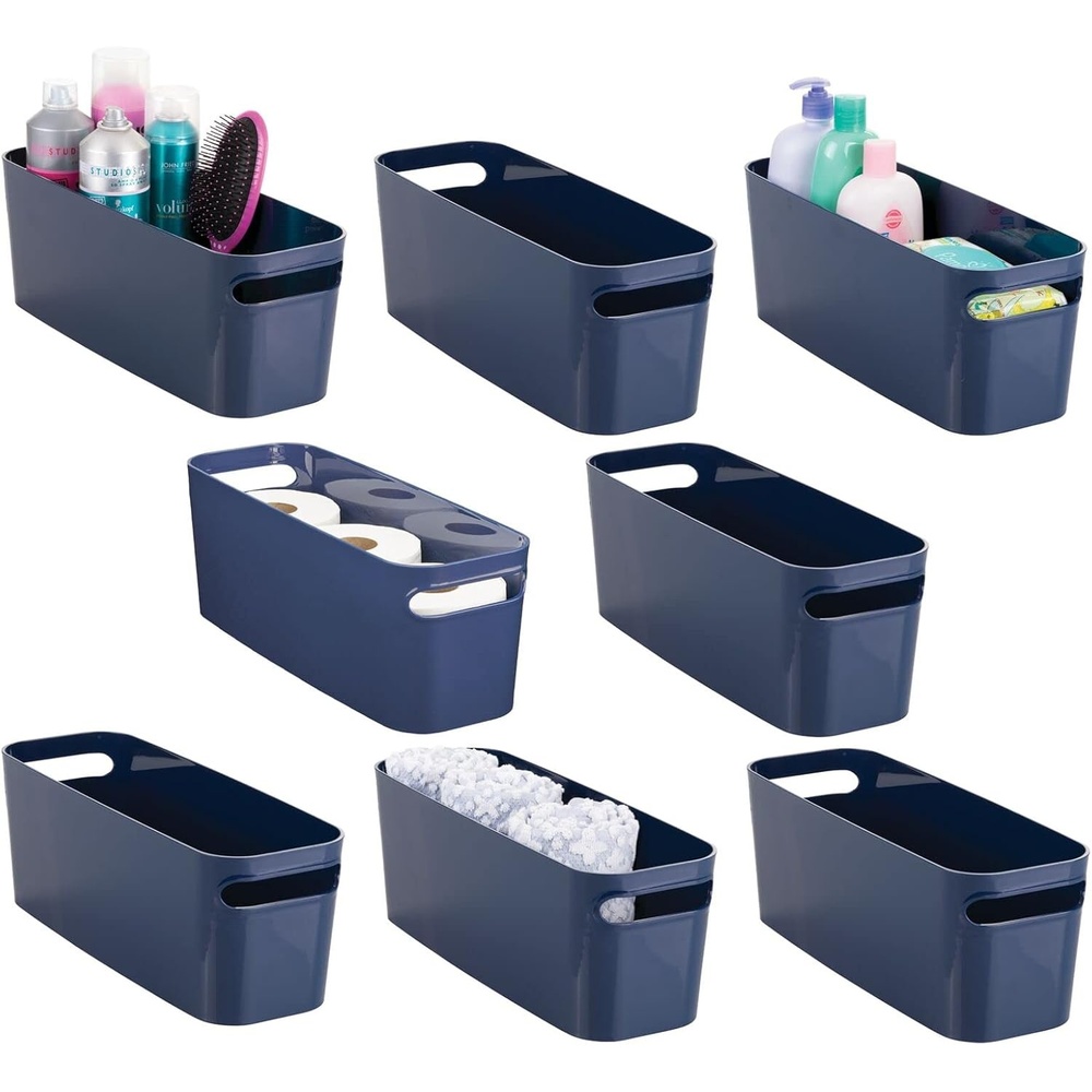 image:imagemDesign Large Plastic Storage Bin with Handles for Bathroom Cupboard Cabinet Under Sink or Counter Holds Toilet Paper Hair Tools Makeup Accessories 16 Long Aura Collection 8 Pack Navy Blue