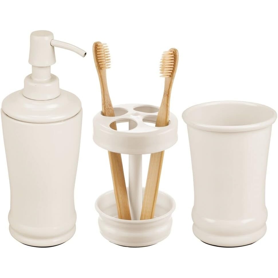 image:imagemDesign Metal Bathroom Vanity Countertop Accessory Set Includes Refillable Soap Dispenser Divided Toothbrush Stand Tumbler Rinsing Cup Vivi Collection Set of 3 Cream