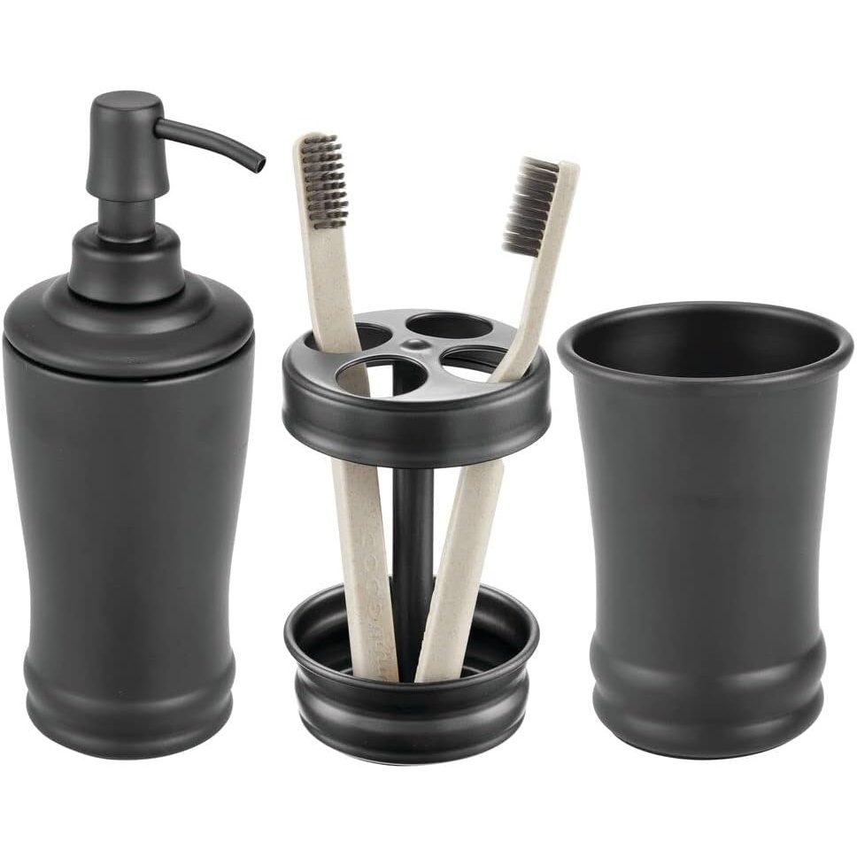 image:imagemDesign Metal Bathroom Vanity Countertop Accessory Set  Includes Refillable Soap Dispenser Divided Toothbrush Stand Tumbler Rinsing Cup Vivi Collection Set of 3 Matte Black