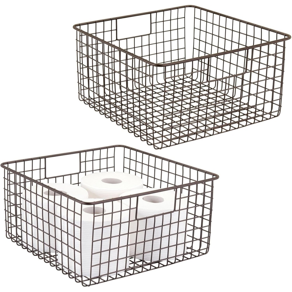 image:imagemDesign Metal Wire Bathroom Storage Basket Organizer with Handles Organize MasterGuest Bathrooms Linen Hallway or Entryway Closets Bedroom Laundry Room Concerto Collection 2 Pack Bronze