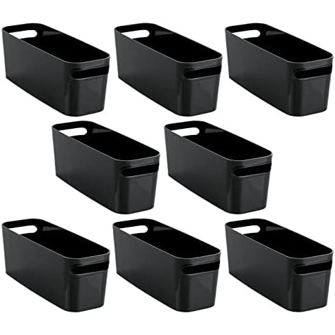 image:imagemDesign Plastic Bathroom Bin with Handles Storage Organizer for Vanity Countertop Hold Soap Body Wash Shampoo Lotion Conditioner Hand Towels Aura Collection 8 Pack 16 Long Black