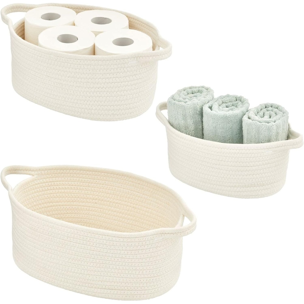 image:imagemDesign Rustic Casual Woven Cotton Rope Bathroom Basket with Handles Storage Organizer Set for Countertop Floor Closet or Vanity Holds Toilet Paper Towels or Magazines Set of 3 White