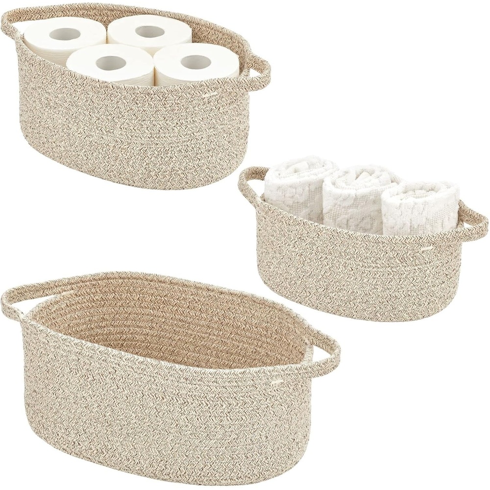image:imagemDesign Rustic Casual Woven Cotton Rope Bathroom Basket with Handles Storage Organizer Set for Countertop Floor Closet or Vanity Holds Toilet Paper Towels or Magazines Set of 3 Brown