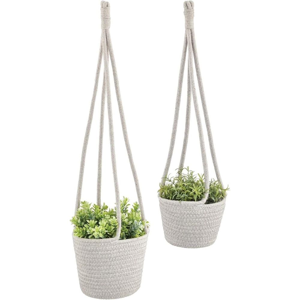 image:imagemDesign Rustic Casual Woven Cotton Rope Hanging Indoor Planter Baskets with Knotted Loop Handle Bohemian Holder for Flowers Plants Greenery Succulents Vases and Pots Set of 2 Dark Gray