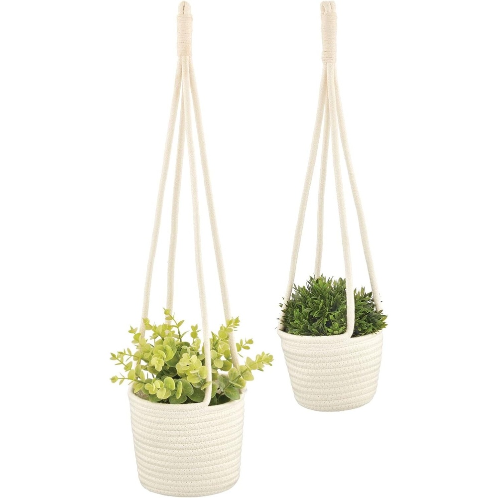 image:imagemDesign Rustic Casual Woven Cotton Rope Hanging Indoor Planter Baskets with Knotted Loop Handle Bohemian Holder for Flowers Plants Greenery Succulents Vases and Pots Set of 2 White