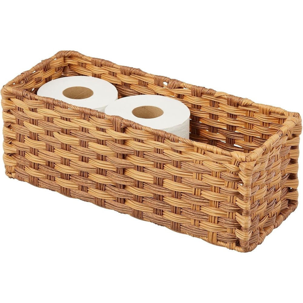 image:imagemDesign Rustic Farmhouse Woven Toilet Paper Holder Basket Small Storage Organizer Tank Topper for Bathroom Counter or Top of Toilet Holds 3 Rolls Camel Brown