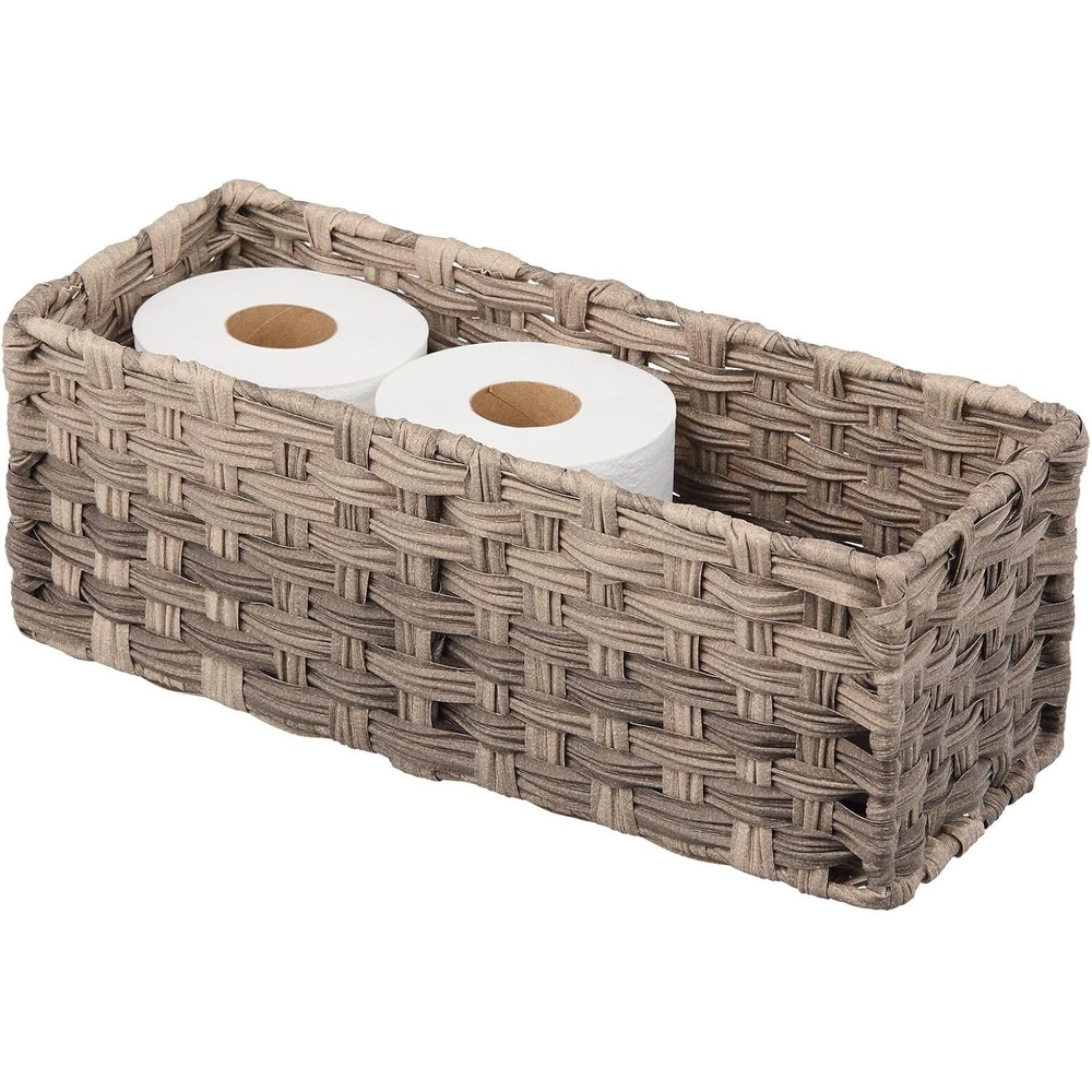 image:imagemDesign Rustic Farmhouse Woven Toilet Paper Holder Basket Small Storage Organizer Tank Topper for Bathroom Counter or Top of Toilet Holds 3 Rolls of Toilet Paper TaupeTan