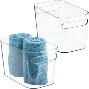 mDesign Deep Plastic Bathroom Bin with Handles – Storage Organizer for Vanity Countertop – Hold Soap, Body Wash, Shampoo, Lotion, Conditioner, Hand Towels – 10″ Long, Aura Collection, 2 Pack, Clear
