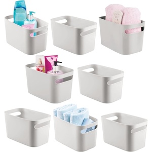mDesign Deep Plastic Bathroom Bin with Handles, Storage Organizer for Vanity Countertop, Hold Soap, Body Wash, Shampoo, Lotion, Conditioner, Hand Towels – 10″ Long, Aura Collection, 8 Pack, Light Gray