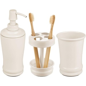 mDesign Metal Bathroom Vanity Countertop Accessory Set – Includes Refillable Soap Dispenser, Divided Toothbrush Stand, Tumbler Rinsing Cup, Vivi Collection, Set of 3, Cream