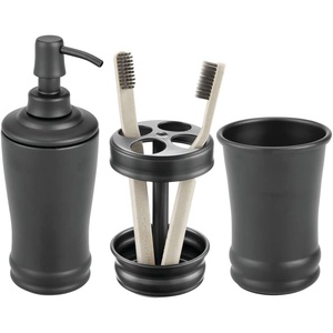 mDesign Metal Bathroom Vanity Countertop Accessory Set – Includes Refillable Soap Dispenser, Divided Toothbrush Stand, Tumbler Rinsing Cup, Vivi Collection, Set of 3, Matte Black