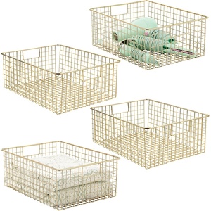 mDesign Metal Wire Bathroom Storage Basket Organizer with Handles – Organize Master/Guest Bathrooms, Linen, Hallway, or Entryway Closets, Bedroom, Laundry Room, Concerto Collection, 4 Pack, Soft Brass