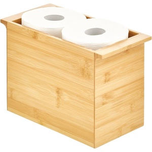 mDesign Natural Bamboo Bathroom Toliet Roll Holder Storage Organizer Basket Bin; Use in Bathroom, On Toilet Tanks – Built-in Handles – Holds 4 Rolls of Toilet Paper – Natural