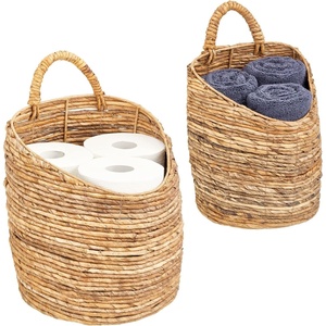 mDesign Woven Banana Bark Hanging Wall Storage Basket for Flowers & Essentials, Decorative Boho Mounted Organizer for Pantry, Closet, Bathroom, and The Door – Set of 2 – Natural/Tan