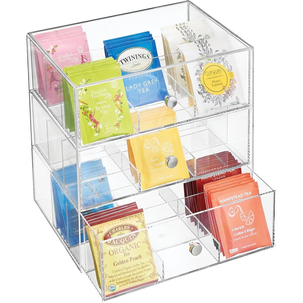 image:imagemDesign Plastic Kitchen Storage Box with 3 Drawers Storage Box for Tea Bags Herbal Tea Infusion Coffee Pod Sugar and More Tea Box Transparent